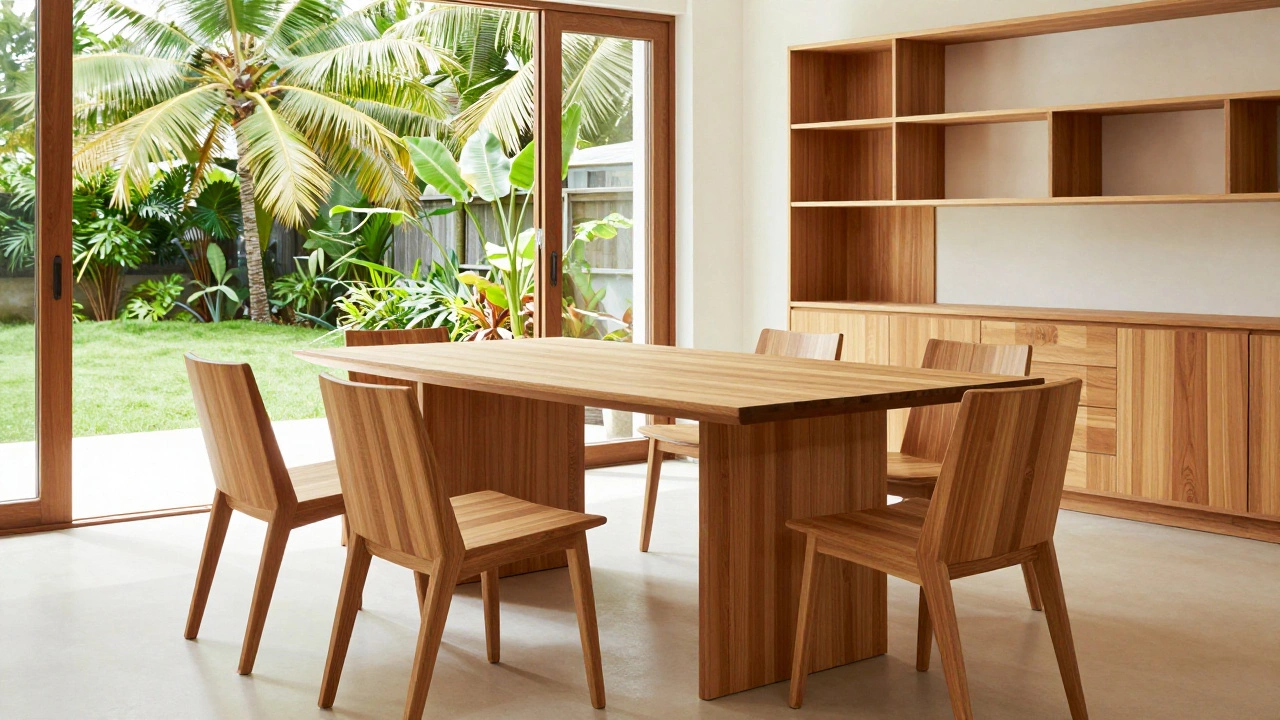 Minimalist teak dining set in a bright Kerala home interior