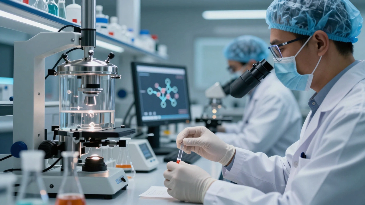 Scientists working in a high-tech sterile laboratory in Hyderabad