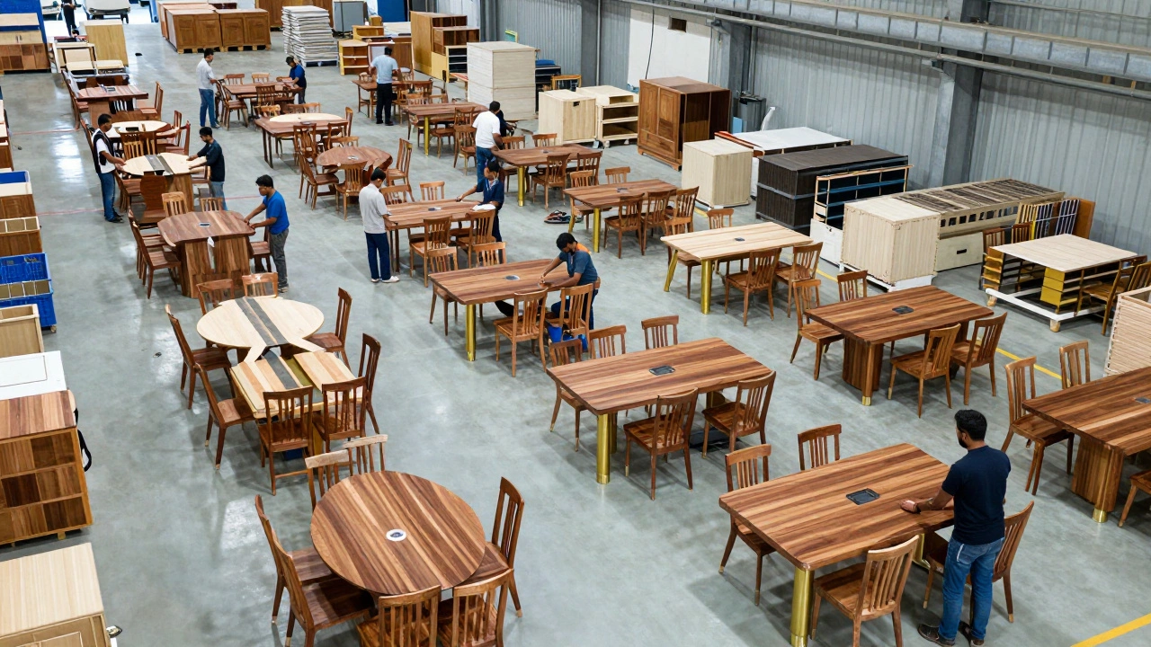 Workers assembling mixed-media furniture in a Moradabad factory