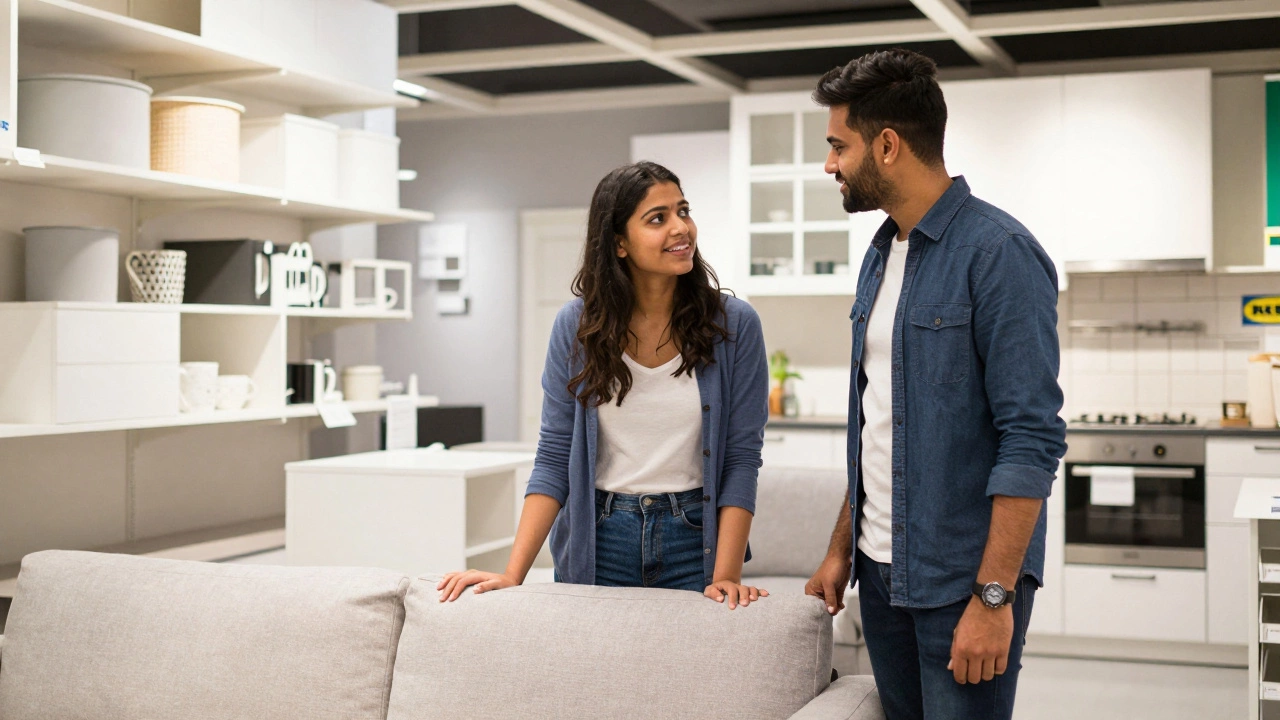 Young Indian couple browsing affordable modular furniture inside an IKEA showroom