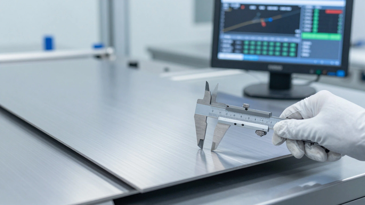 Close-up of precise steel measurement in a modern lab setting