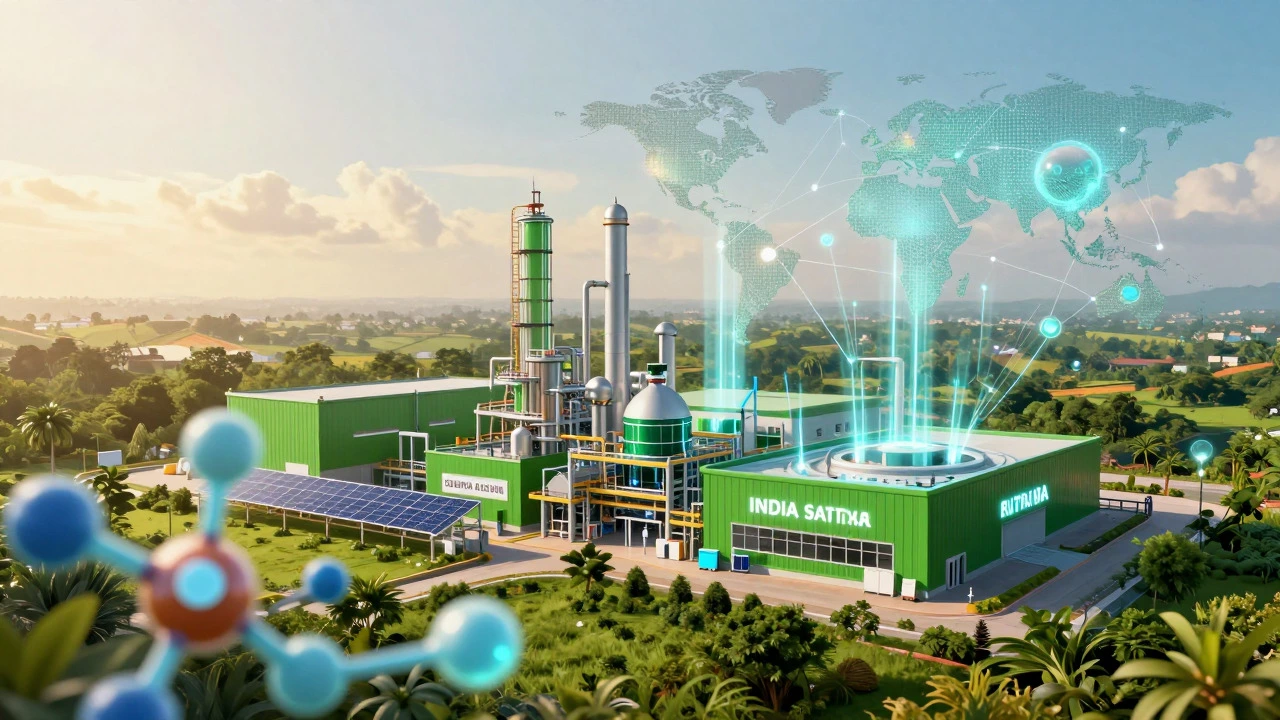 Futuristic eco-friendly pharma plant with glowing molecules symbolizing innovation