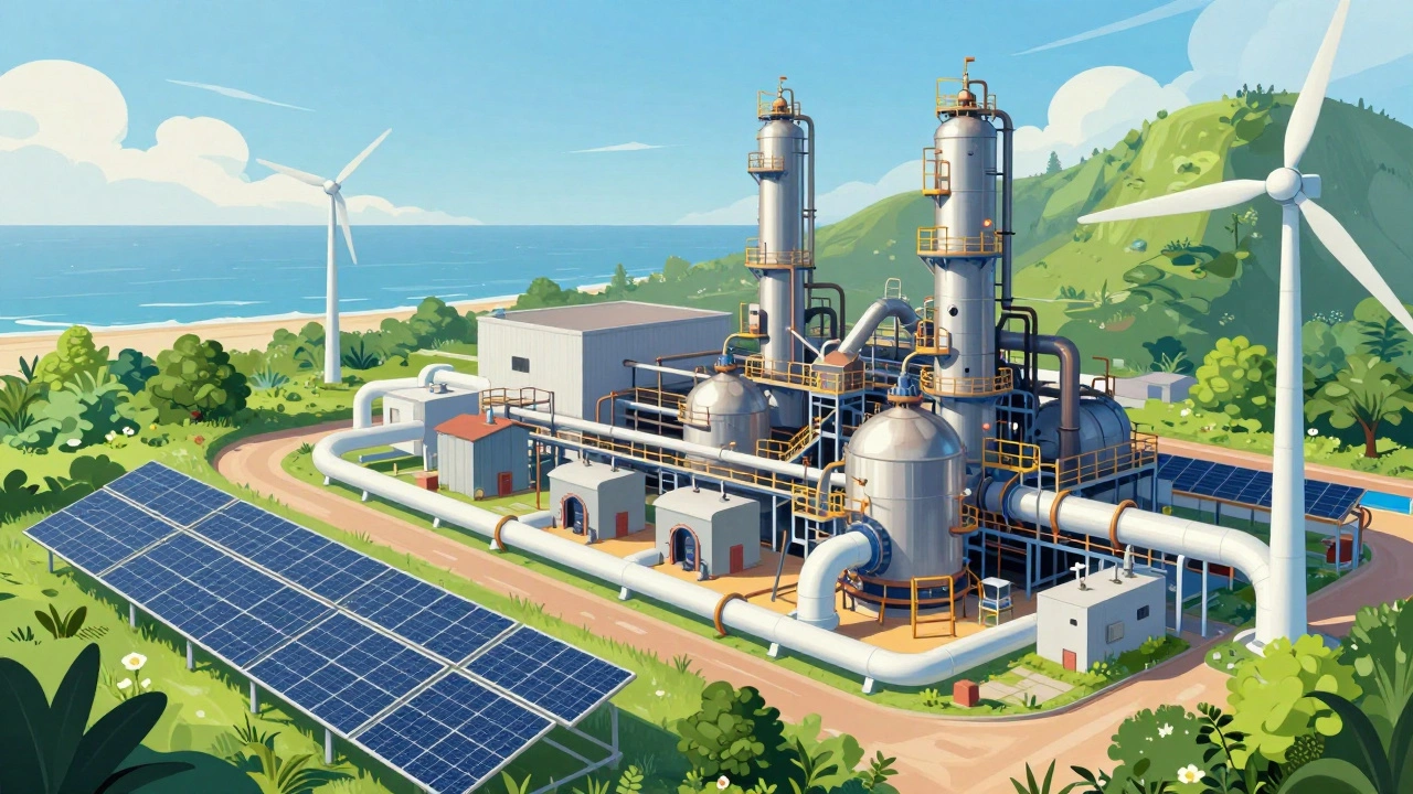 Futuristic green steel plant with hydrogen technology and solar