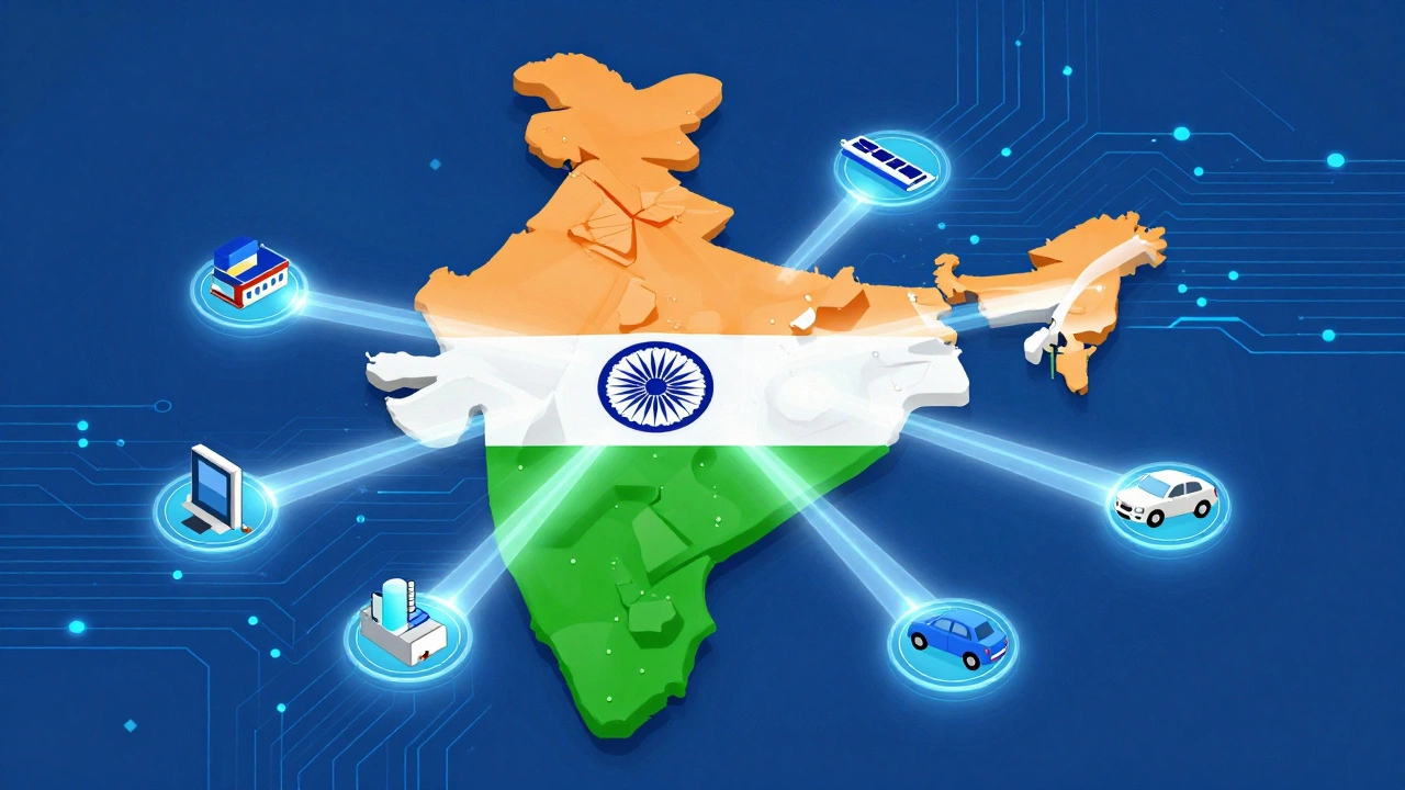 Glowing network diagram showing government incentives boosting Indian manufacturing sectors