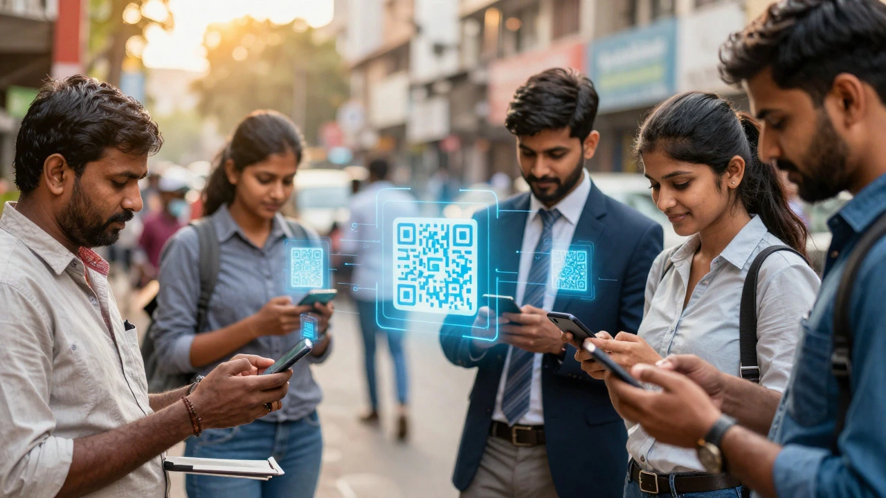People using smartphones for digital payments on a busy Indian street.