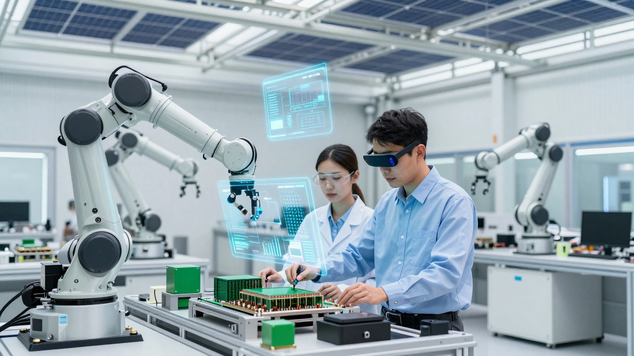 Robots and technicians collaborating in a high-tech sustainable smart factory