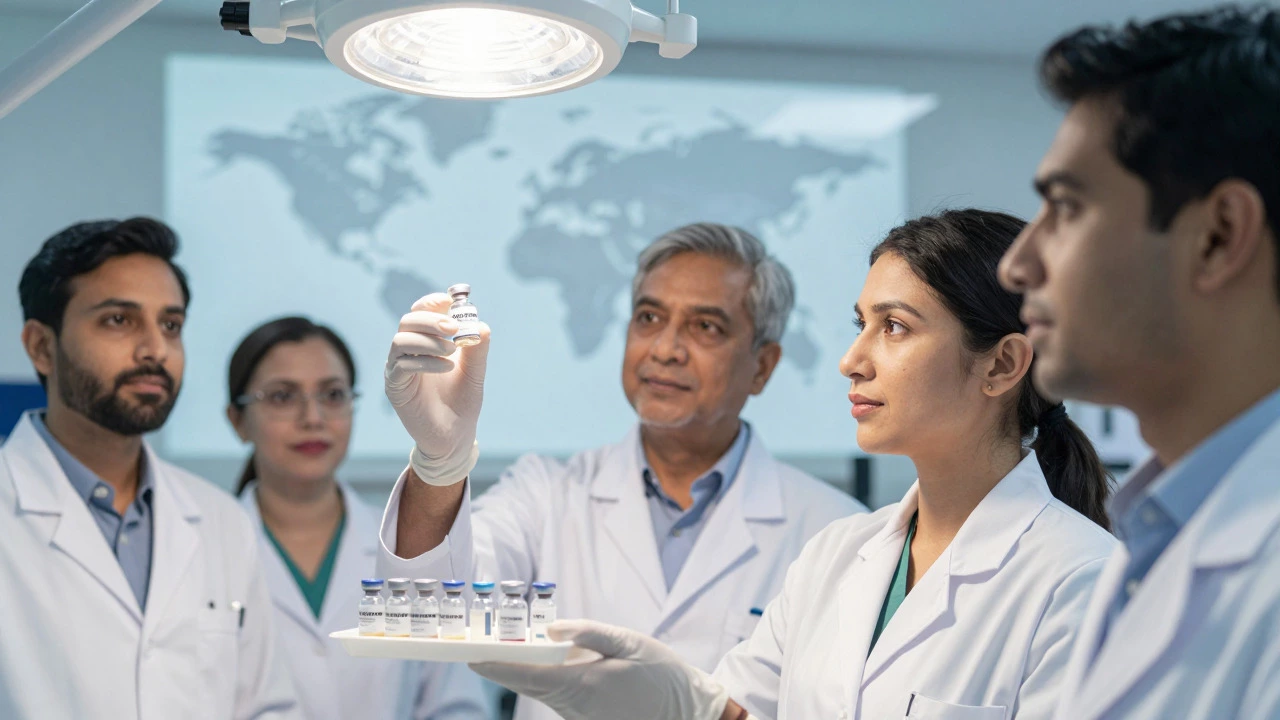Scientists inspecting vaccine vials in a modern laboratory, representing global supply