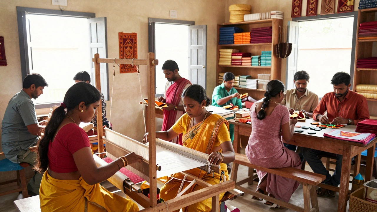 Small entrepreneurs working in a bright Indian craft workshop
