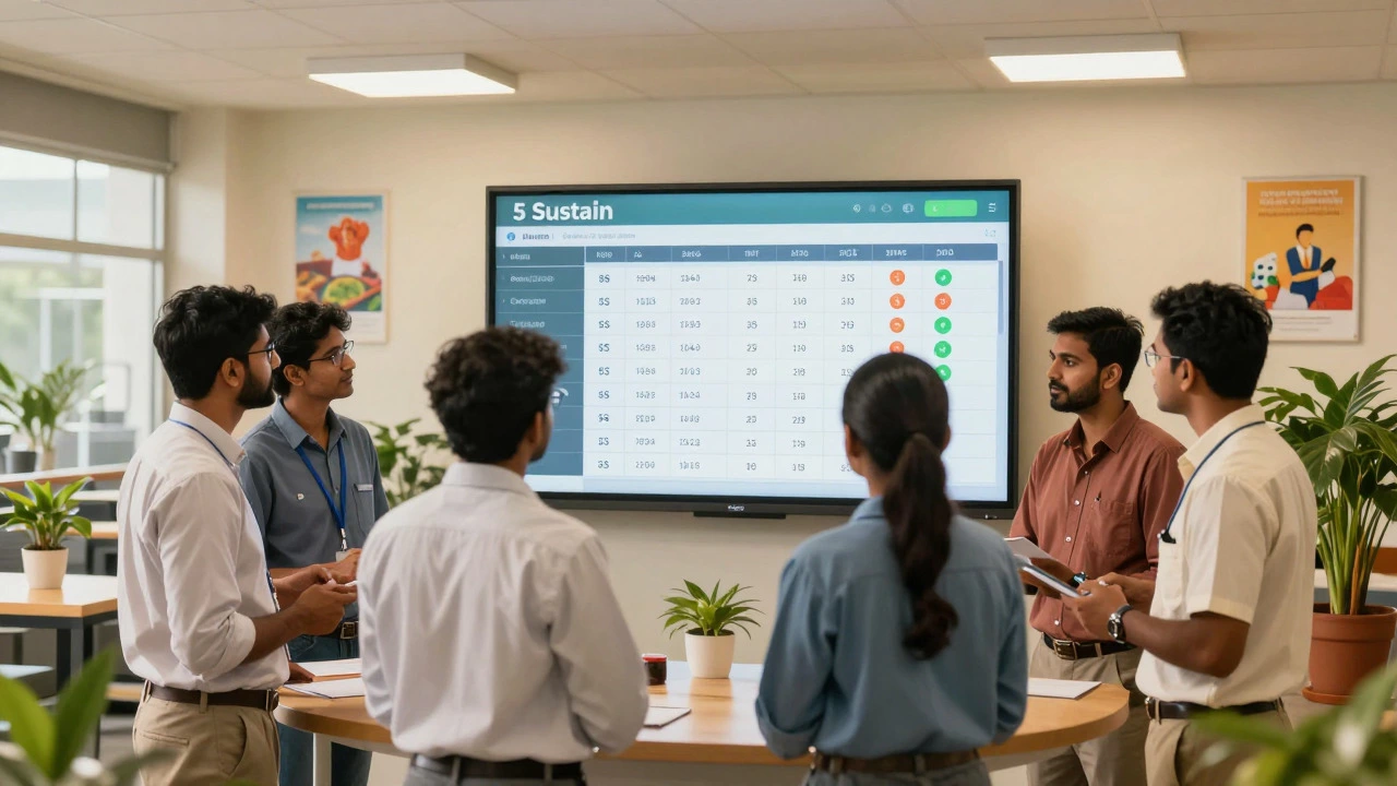 Team reviewing 5S audit scores and safety metrics in a collaborative factory setting