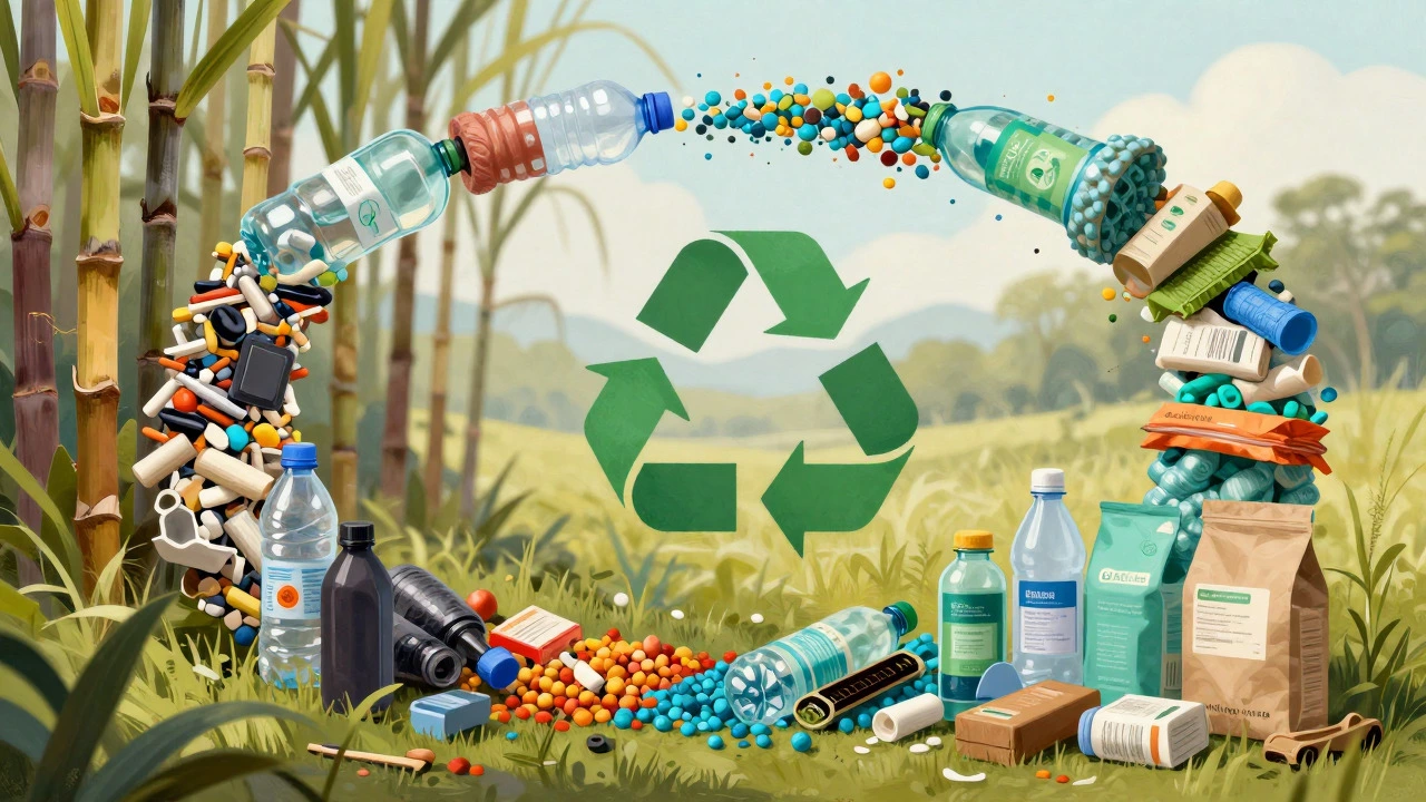 Artistic depiction of plastic recycling loop transforming waste and sugarcane into new materials