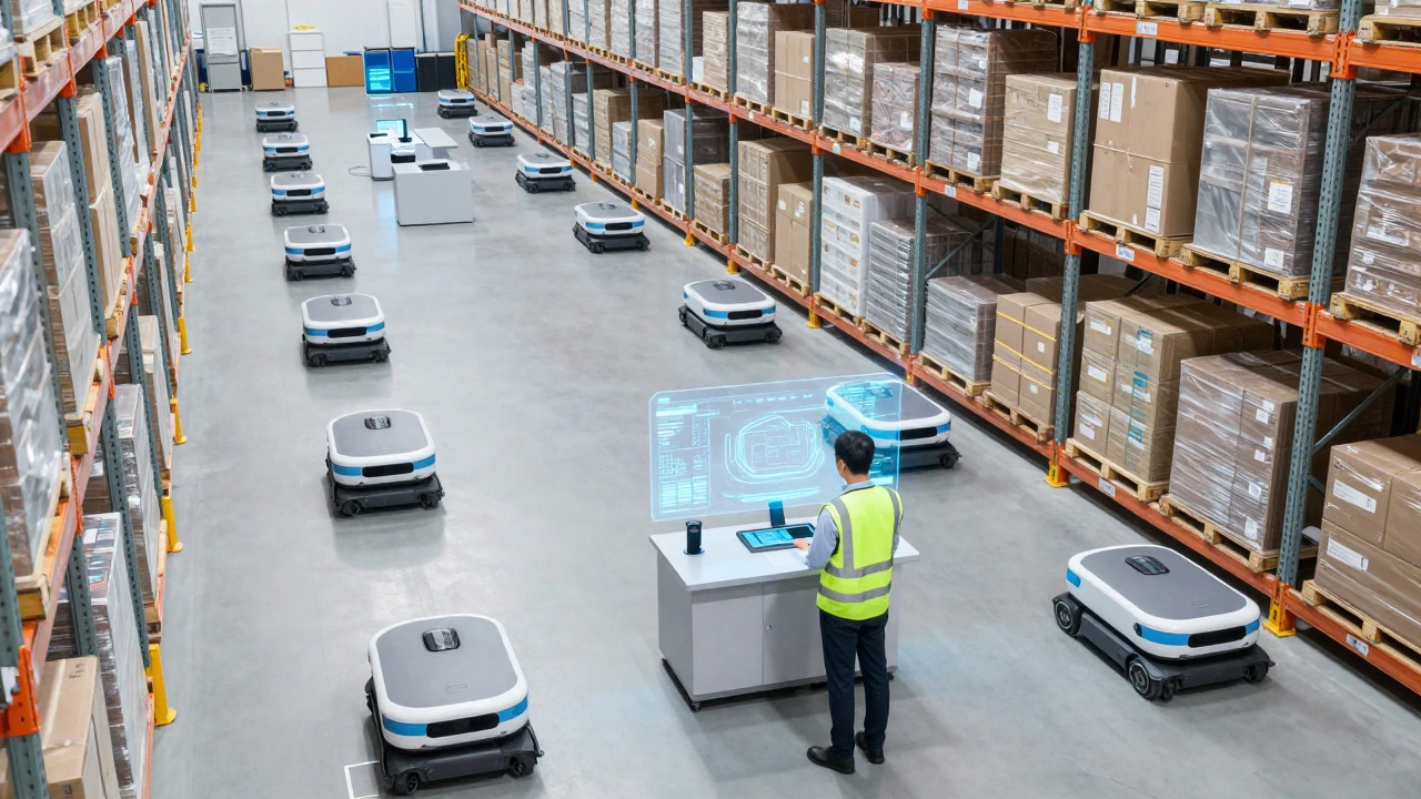 Automated warehouse with mobile robots and a human supervisor
