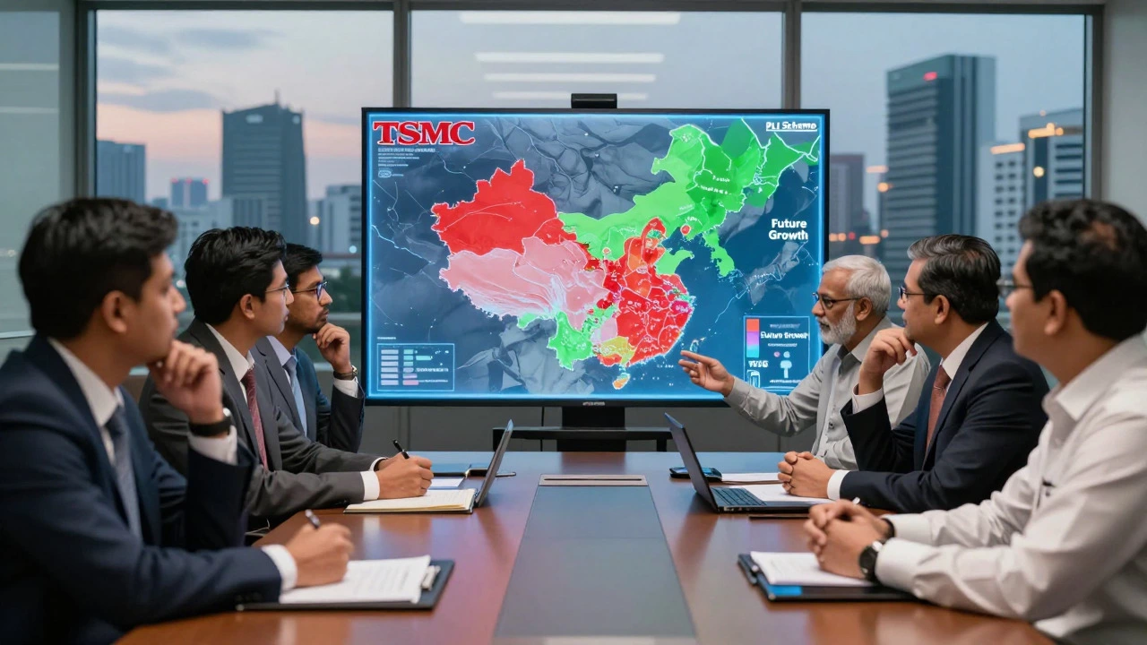 Business executives discussing semiconductor investment risks and incentives in a modern conference room.