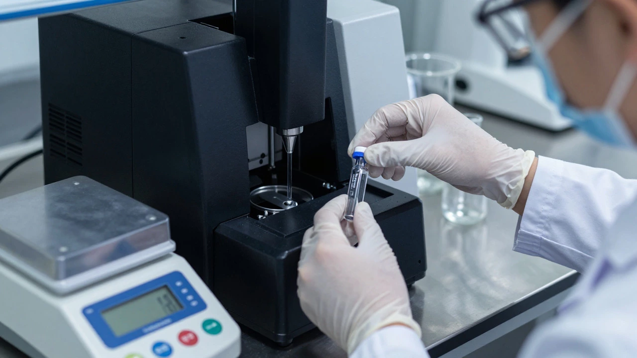 Close-up of a quality control lab with a scientist operating an HPLC machine and other testing instruments.