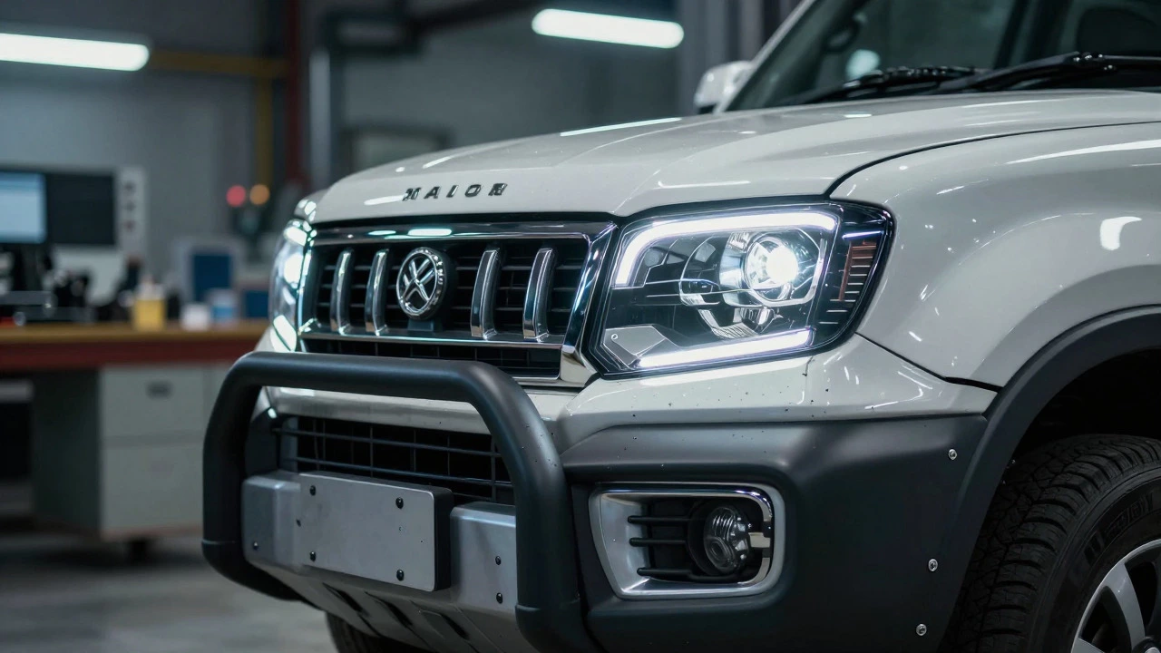 Close-up of modified vehicle headlights meeting US safety standards
