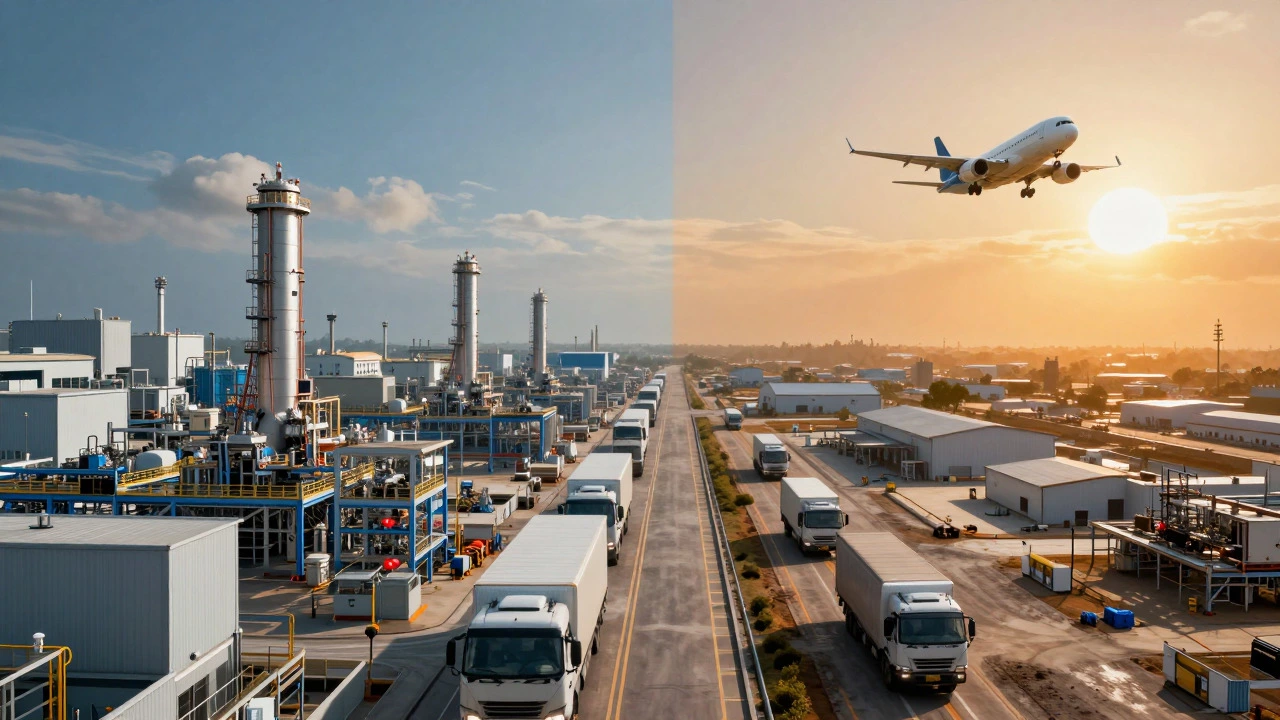 Conceptual art comparing dense Taiwanese supply chains to isolated Indian industrial sites and air transport.