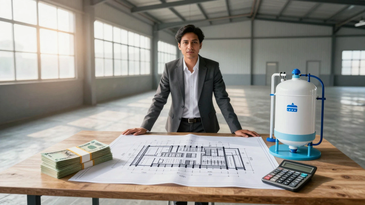 Entrepreneur planning pharma startup costs in an empty industrial shed with blueprints and currency symbols.