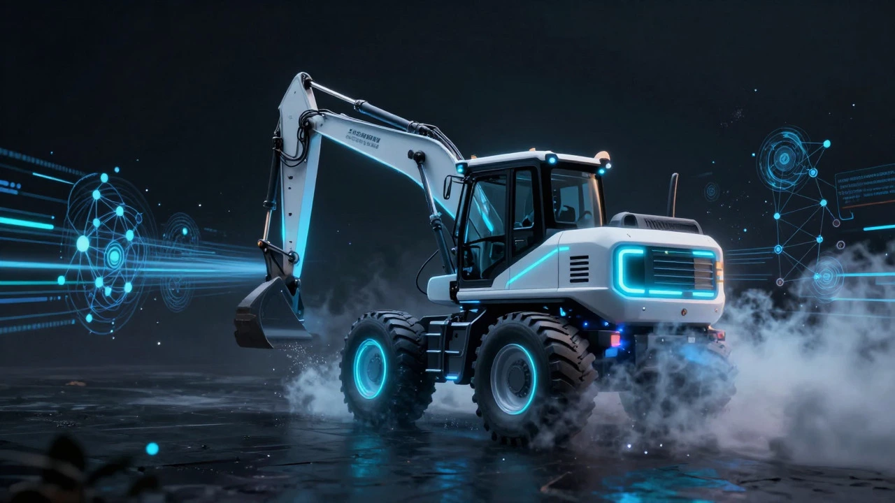 Futuristic electric construction vehicle surrounded by glowing blue digital energy streams