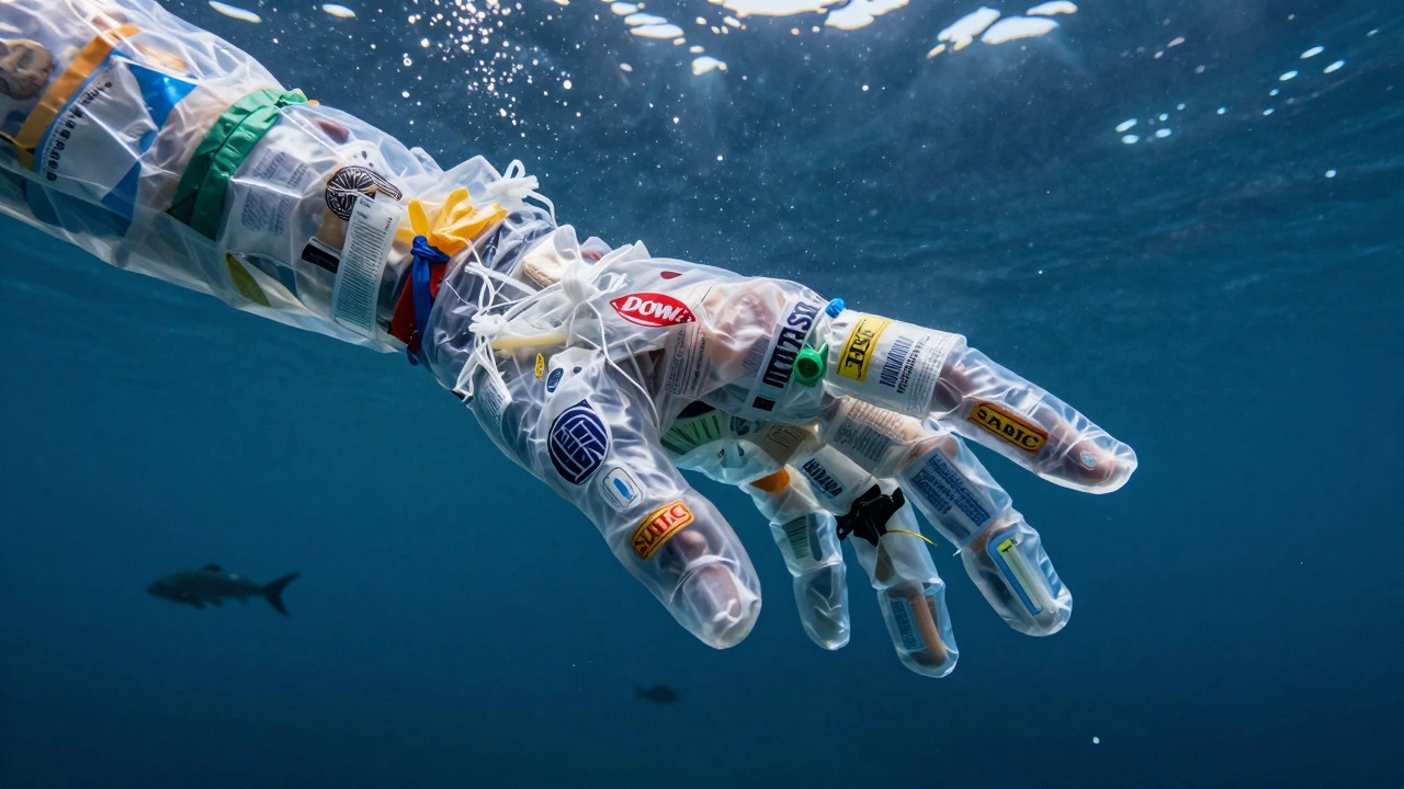 Giant hand made of plastic bags rising from the ocean depths