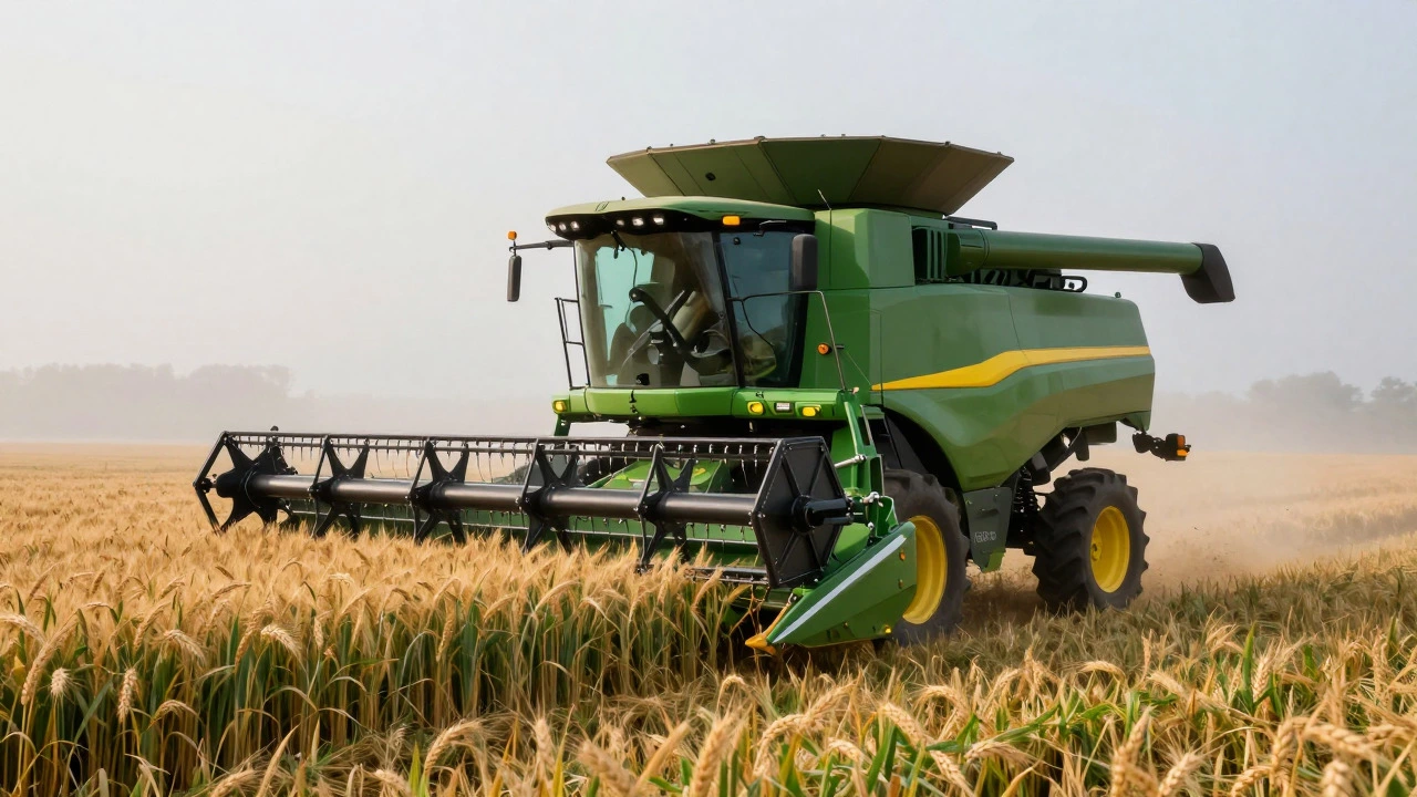 Green and yellow combine harvester harvesting wheat in a misty field at dawn