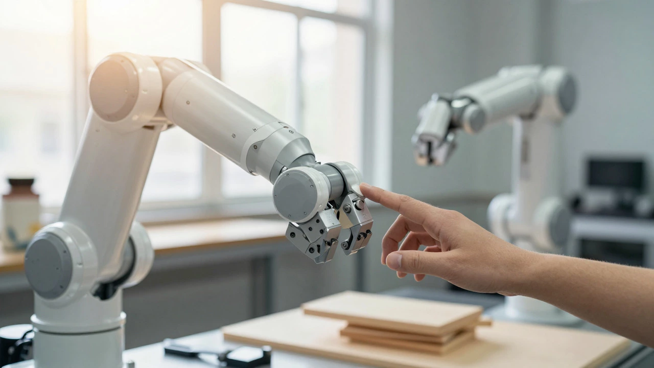 Human hand touching a robotic arm in a collaborative workshop