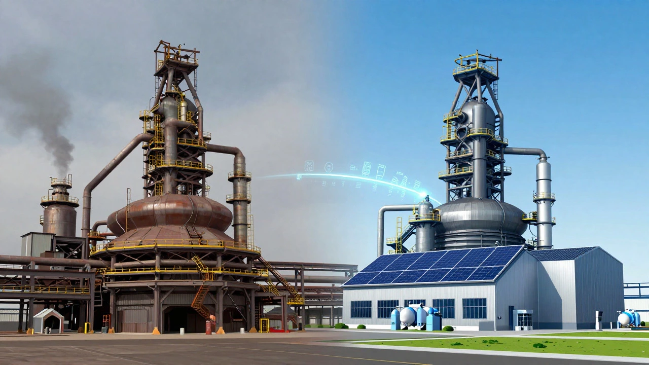 Illustration showing transition from old steel mill to green tech