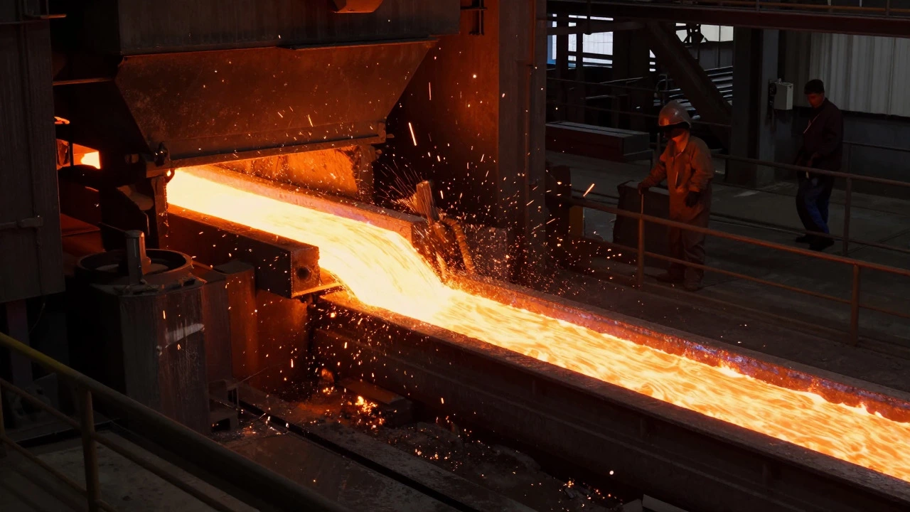 Molten steel flowing in a bright, intense industrial furnace