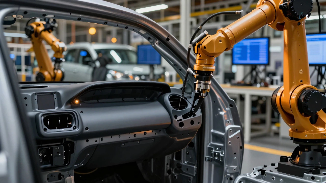 Robotic arm installing a black plastic dashboard component into a car chassis during assembly