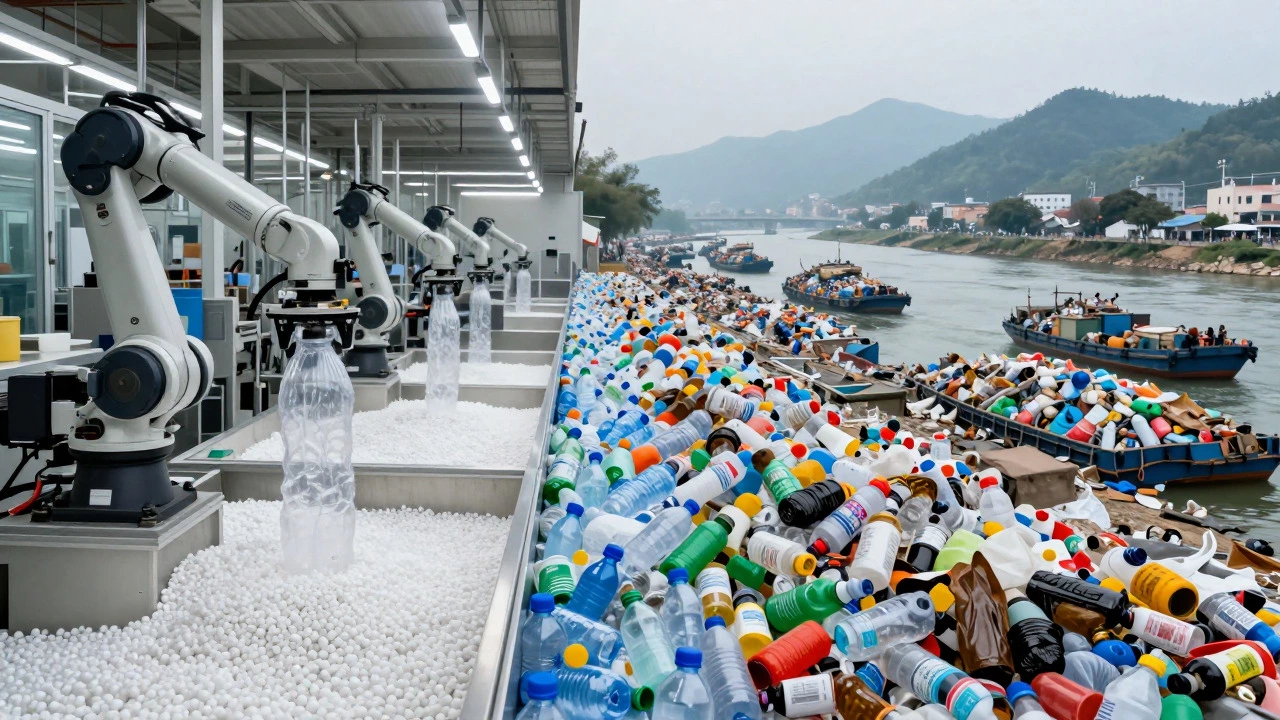 Split view comparing clean Western factories to Asian waste hubs