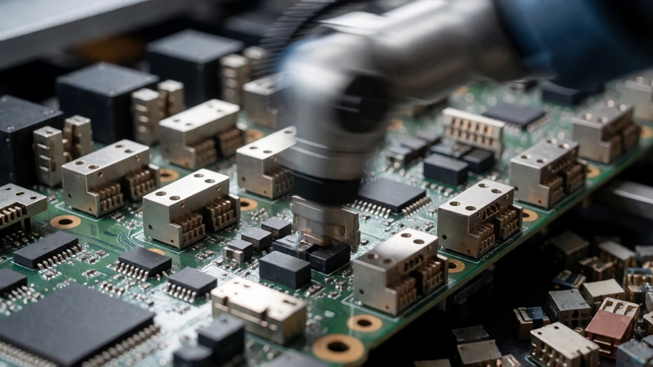 Automated robotic arm assembling intricate electronic components on a circuit board.