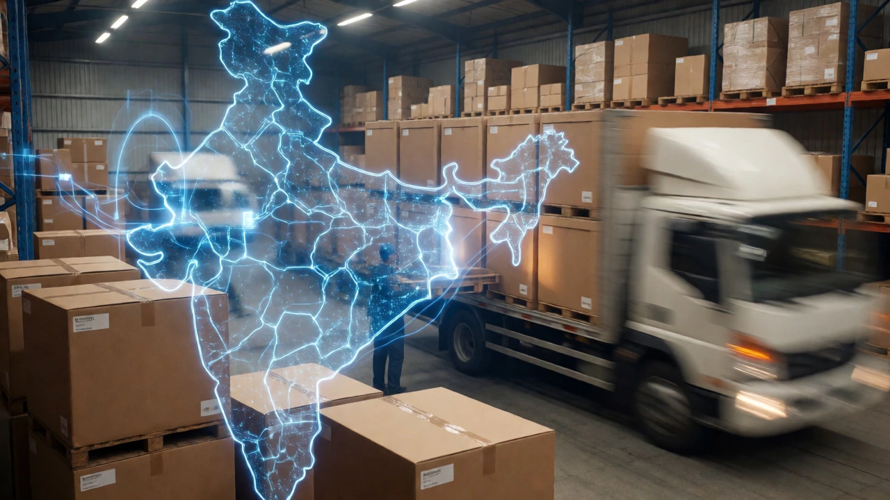 Digital map overlaying a warehouse with trucks ready for rapid delivery
