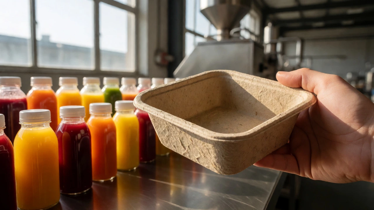 Eco-friendly molded pulp packaging next to cold-pressed juices