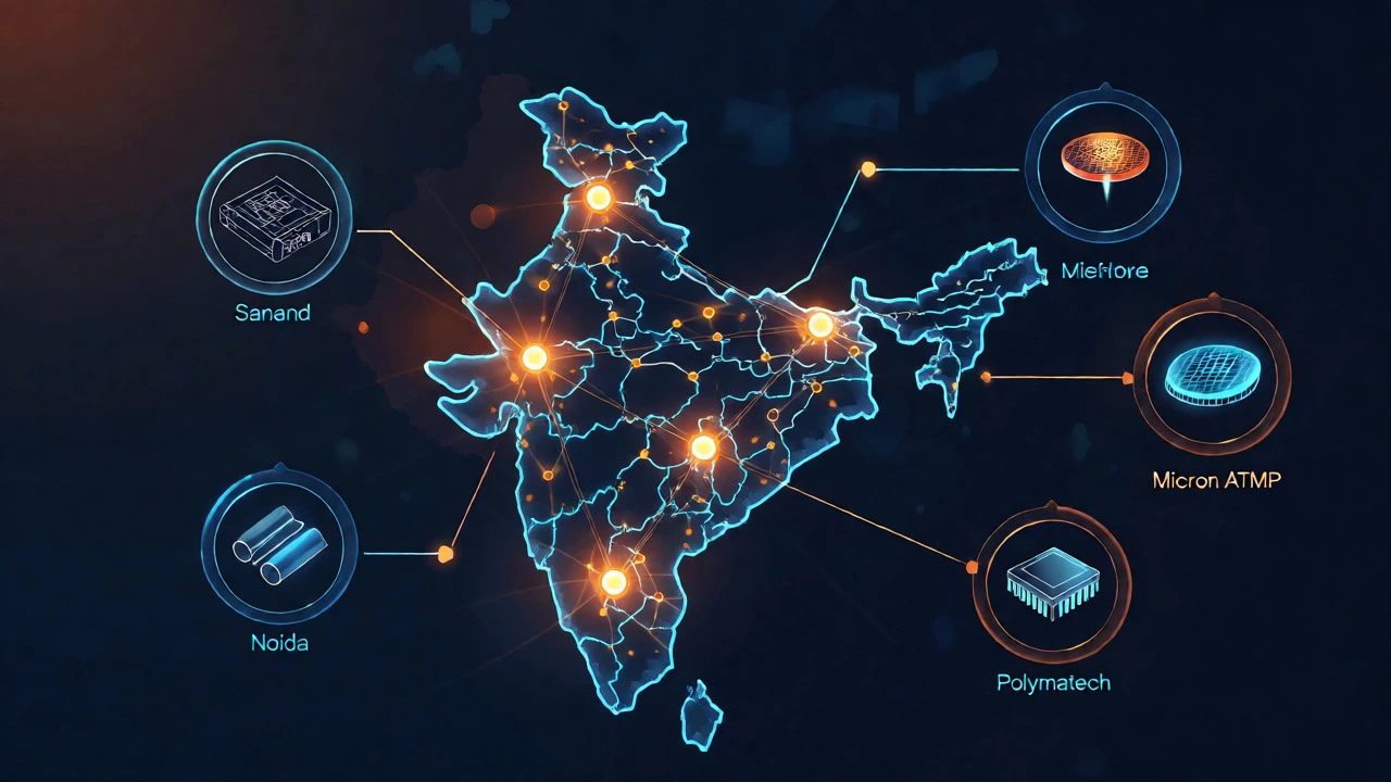 Glowing map of India showing semiconductor hubs like Tata and Micron