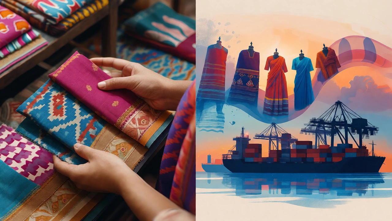 Hands inspecting fabric swatches alongside a silhouette of port cranes for textile exports.
