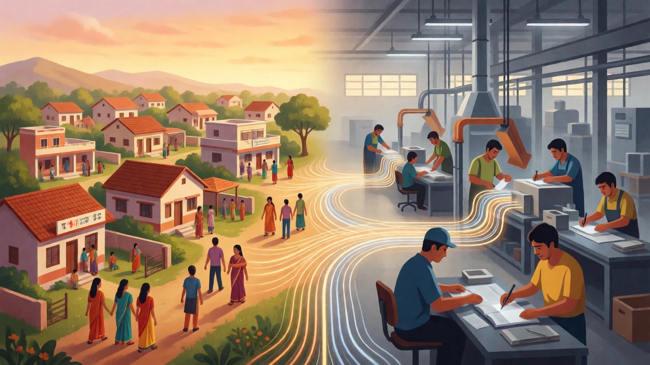 Illustration linking factory jobs to thriving community development
