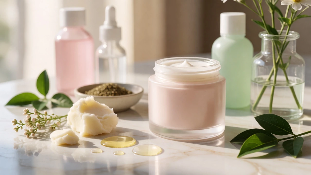 Luxury skincare jar surrounded by organic ingredients in a bright, modern lab setting.