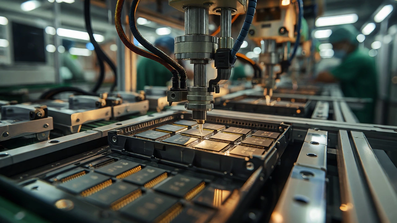 Robotic arms packaging memory chips at Micron ATMP facility in Sanand