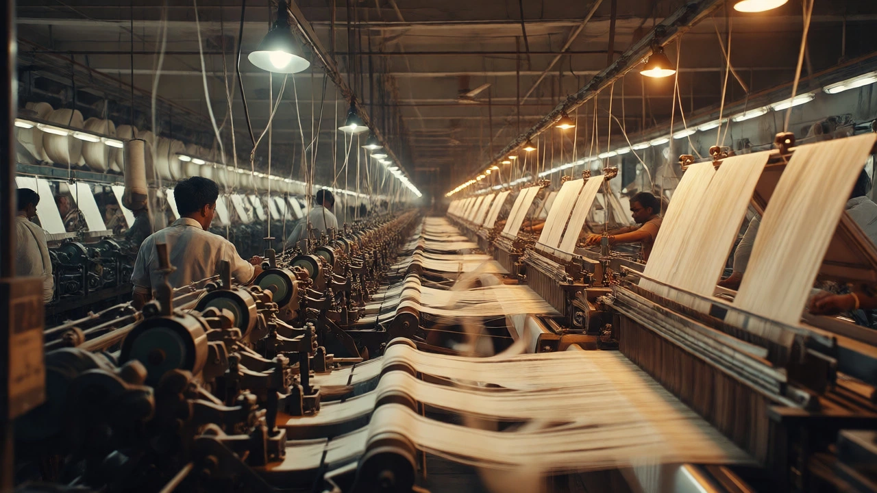 Rows of power looms running in a busy Surat weaving factory producing synthetic fabric.