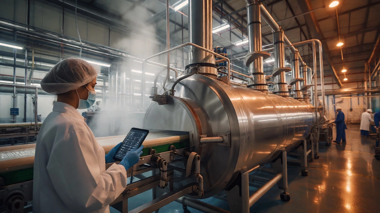 Scientist monitoring large-scale food processing machinery