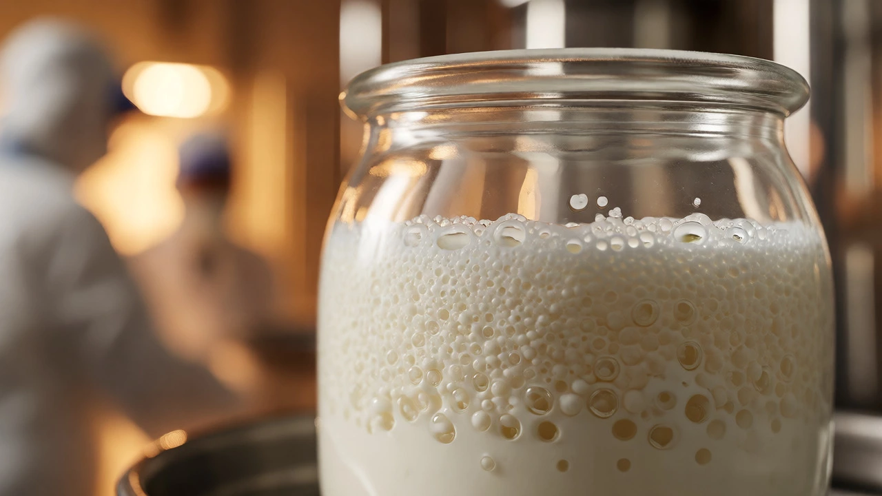 Close-up of bubbling yogurt fermentation culture in a glass jar within a production facility.