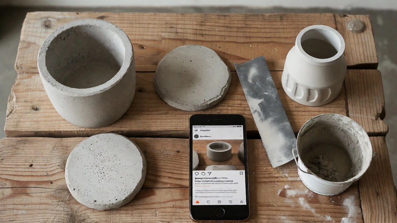 Concrete planters and coasters displayed on wood with smartphone and crafting materials.