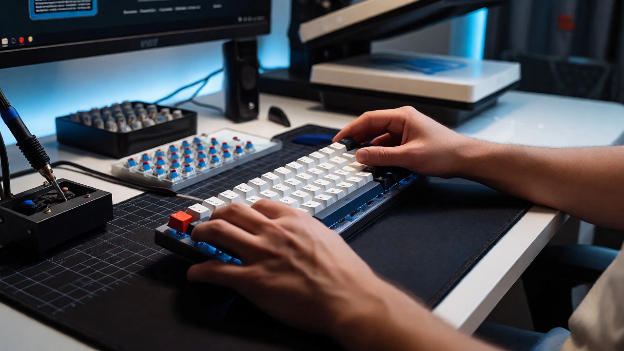 Hands assembling a mechanical keyboard kit at a home workstation