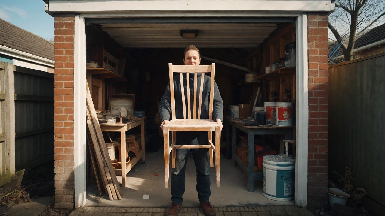 Person holding a refurbished wooden chair in a home driveway workshop setting.