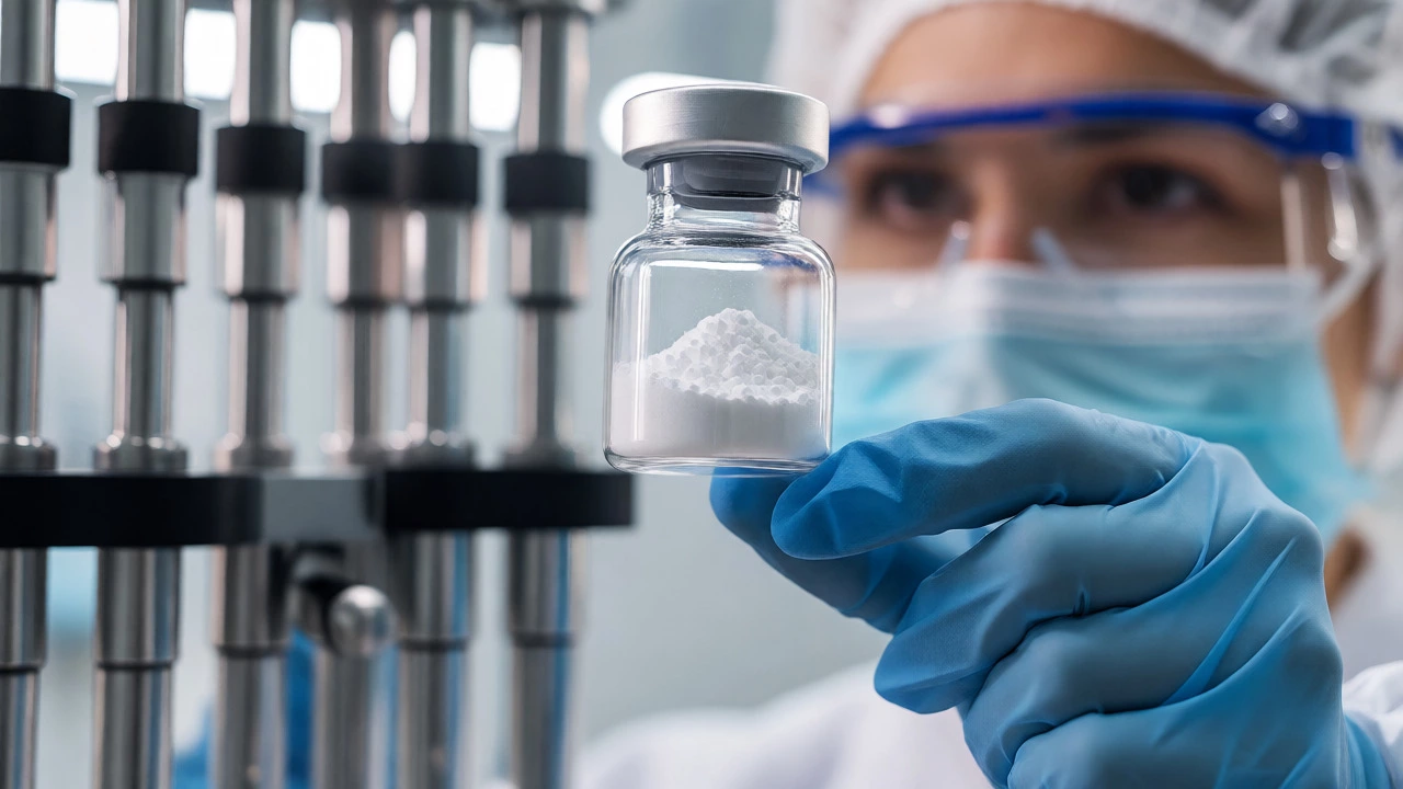 Scientist inspecting pure API crystals in cleanroom
