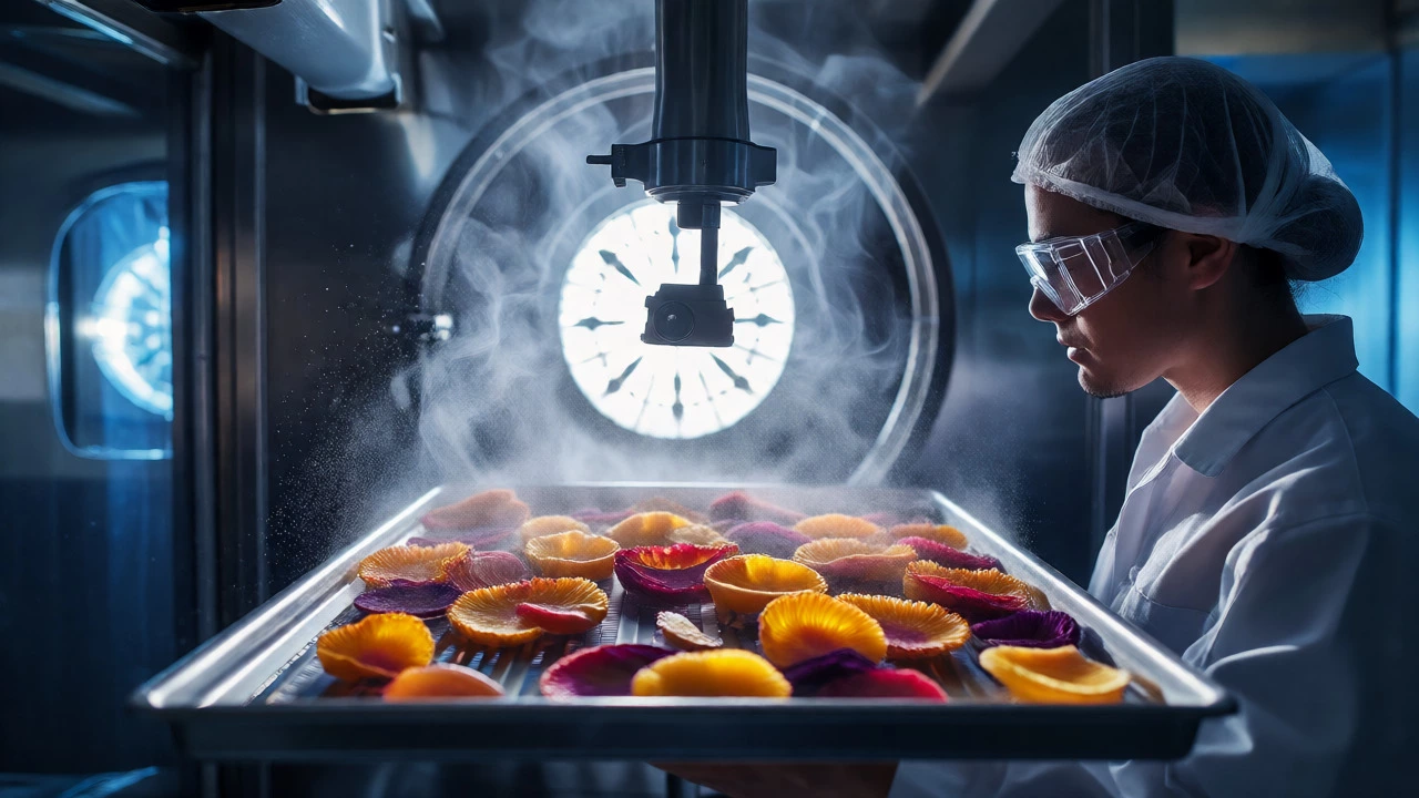 Worker inspecting freeze-dried fruits amidst a cloud of spray-dried milk powder particles.